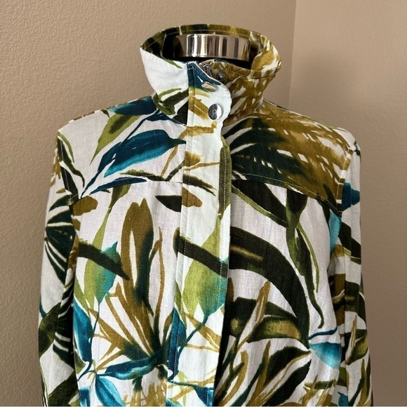 Chico's Tropical Print Linen Collar 3/4 Sleeve White Green Zip Jacket - Picture 5 of 16